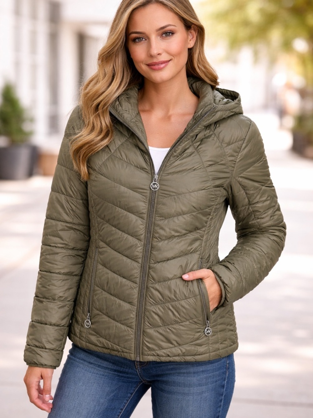 Michael Kors Olive Hooded Quilted Puffer Jacket - Size L - Lightweight